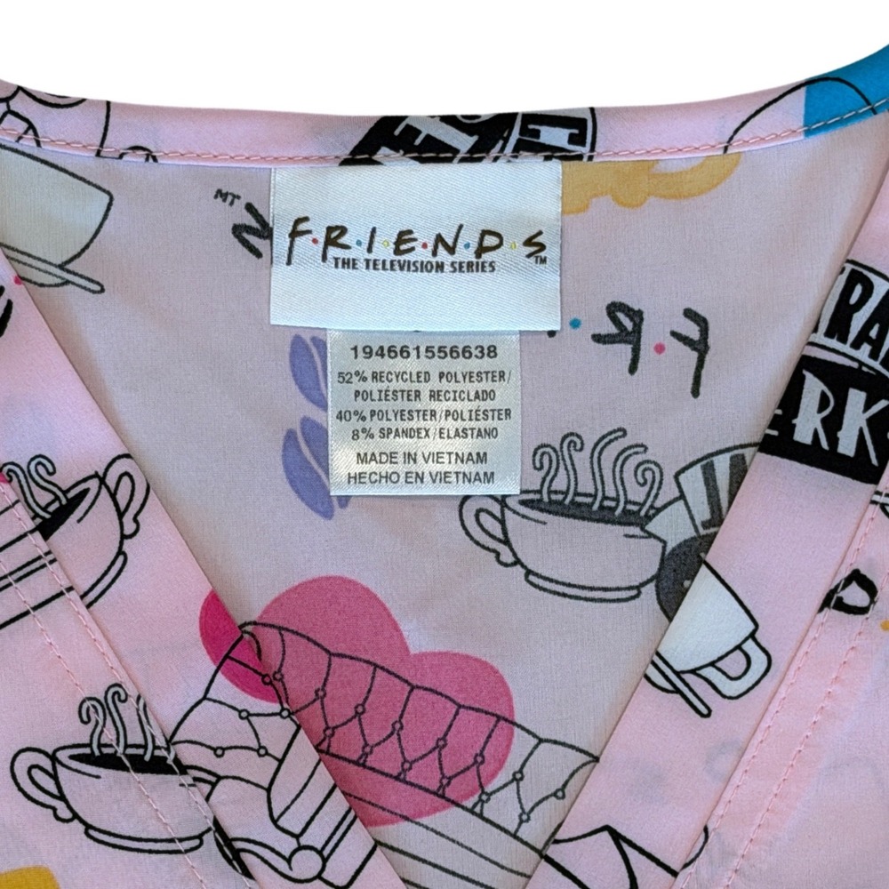 Cherokee Tooniforms Friends Scrub Top Women S Pink Central Perk V-Neck **NEW** - Picture 6 of 11